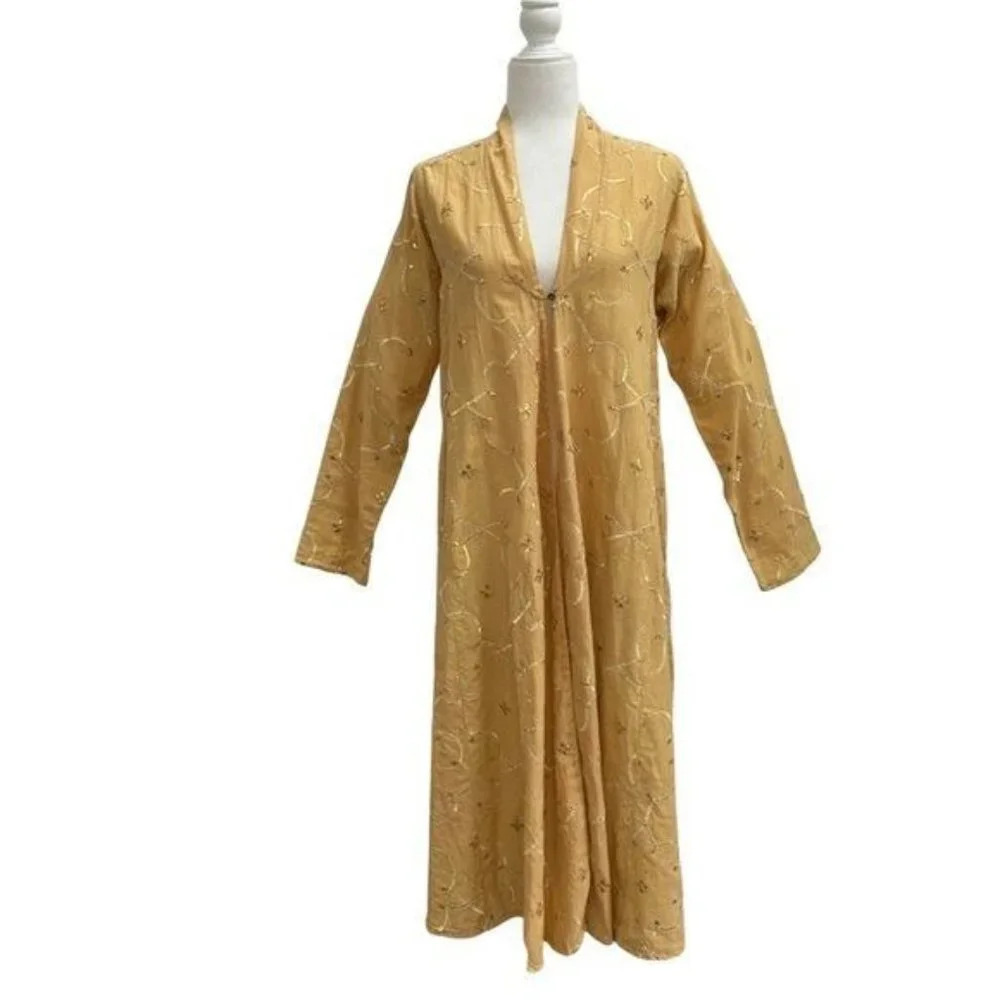 Hand Crafted Indian Kurta Jacket  Long Cotton Duster Gold Embroidery  NWT